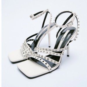 NWT Zara White HIGH-HEEL STUDDED SANDALS 8